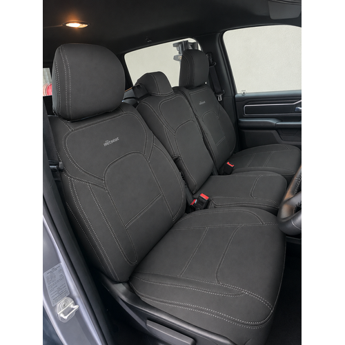 BUNDLE RAM DT Series 1500 Bighorn (6 Seater) Crew Cab in Black Neoprene with Charcoal Stitching